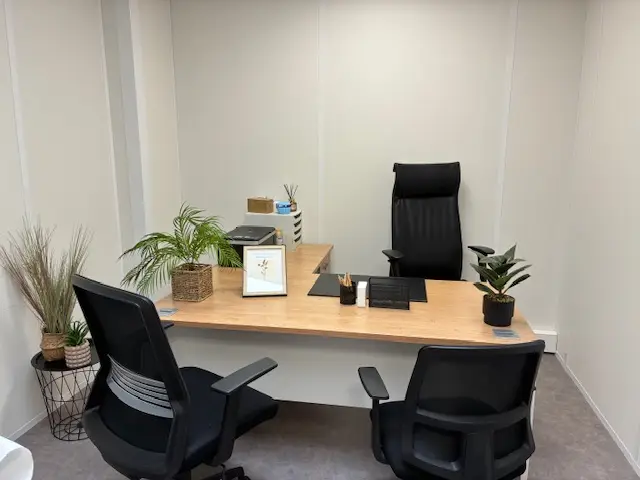 Bureau moderne avec plantes et chaises noires